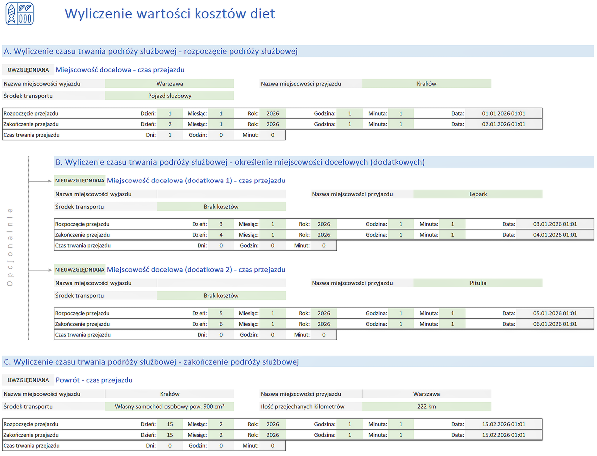 Kalkulator krajowych podróży służbowych - fragment okna rozliczenia diet dla wielu miejscowości